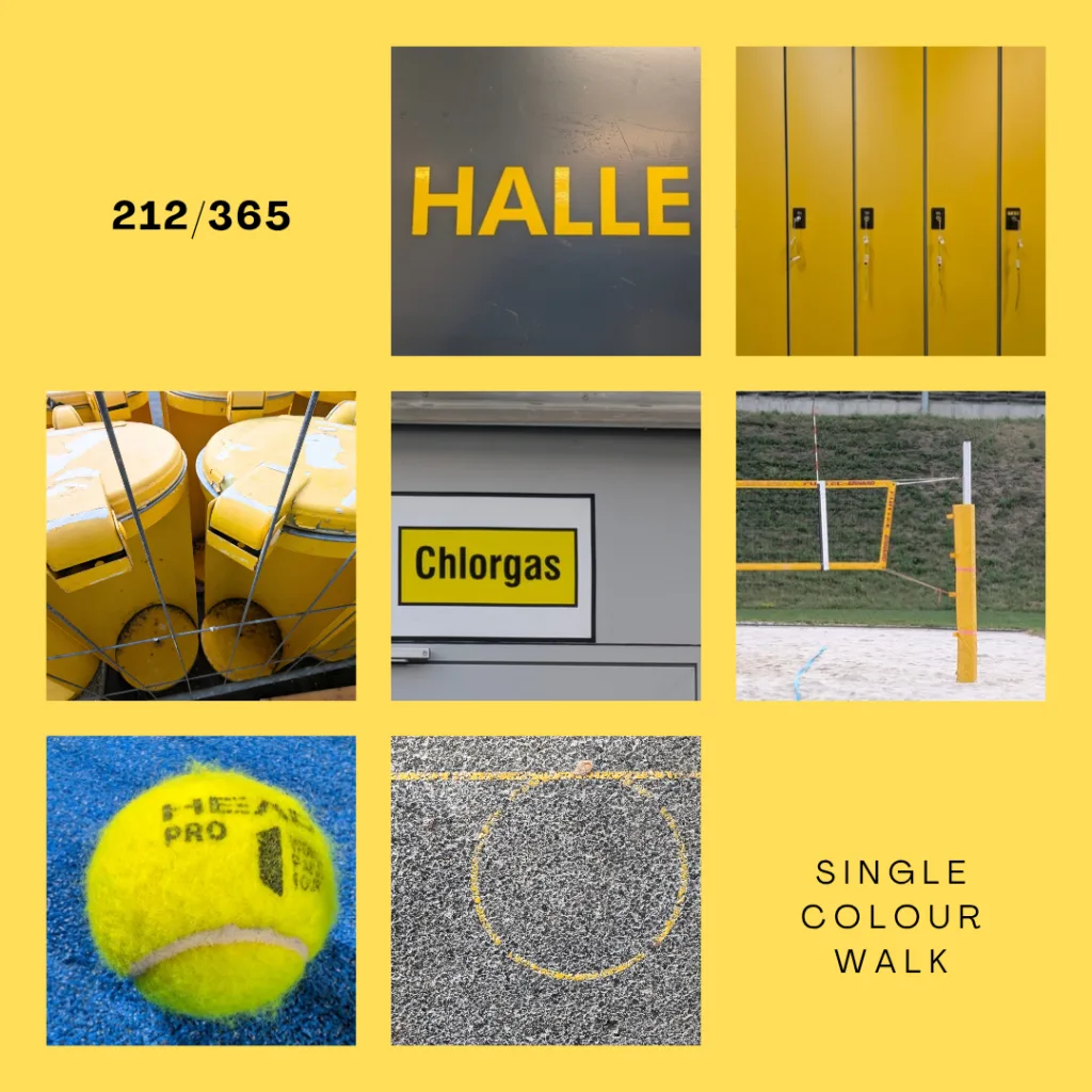 Lexe · Single colour walk: Als ich die 2 gewürfelt habe, wusste ich sofort, wo ich die Fotos machen würde. In der Padel Halle in Frohnleiten gibt es viele gelbe Motive. Diesmal habe ich mehrfach nachgezählt, ob ich eh mindestens die richtige Anzahl von Fotos habe. 😜