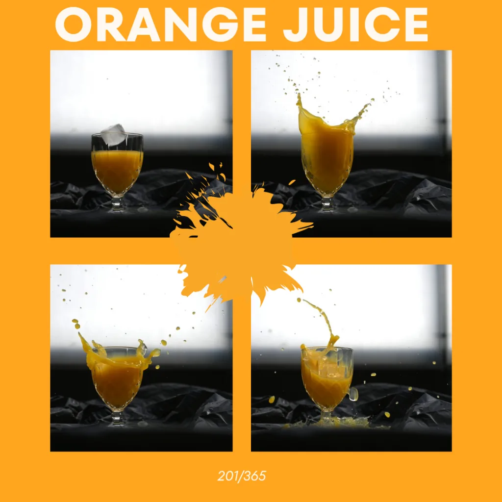 Lexe · Orange juice: Ich habe das schon am Samstag erledigt. Der Plan war, einen Eiswürfel in den Saft fallen zu lassen. Da ich in der Wohnung keine Sauerei veranstalten wollte, bin ich auf den Balkon ausgewichen. Sauerei wollte ich dort aber auch keine haben, weil ich keine Ameisen anlocken will. D