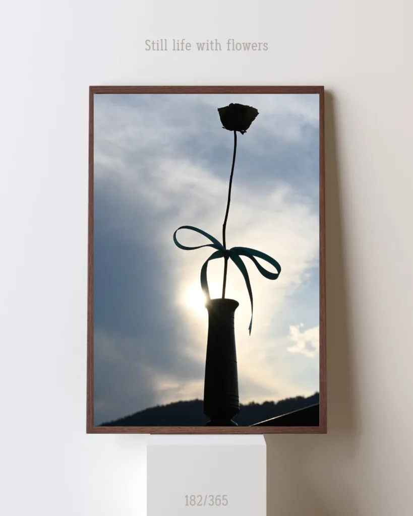 Lexe · Still life with flowers: Eine getrocknete Rose (von meiner Schwester) in einer Holzvase (gedrechselt von meinem Papa) vor Wolkenkulisse.