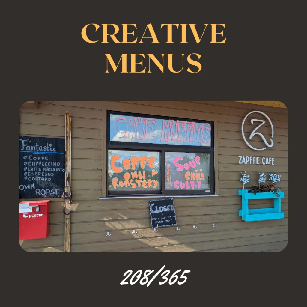 Lexe · Creative menus: Habe in Norwegen und seitdem (und vorher auch nicht) keine kreativere Speisekarte gefunden. Ob der Kaffee wirklich fantastic war, konnten wir nicht verifizieren, weil der Laden natürlich geschlossen hatte.